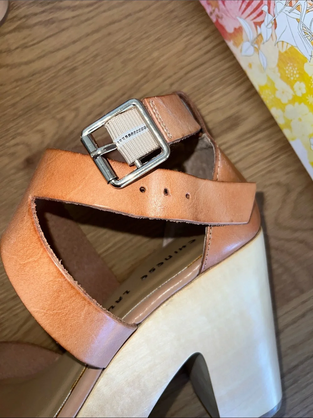 Chinese Laundry Tan Leather Platform Sandal with Wood-Look Heel